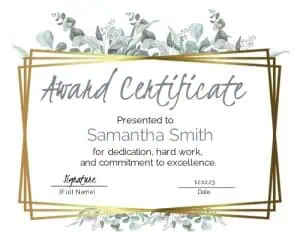 Certificate with gold borders and watercolor leaves