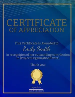 Appreciation certificate with a blue background with gold lines and a gold award ribbon