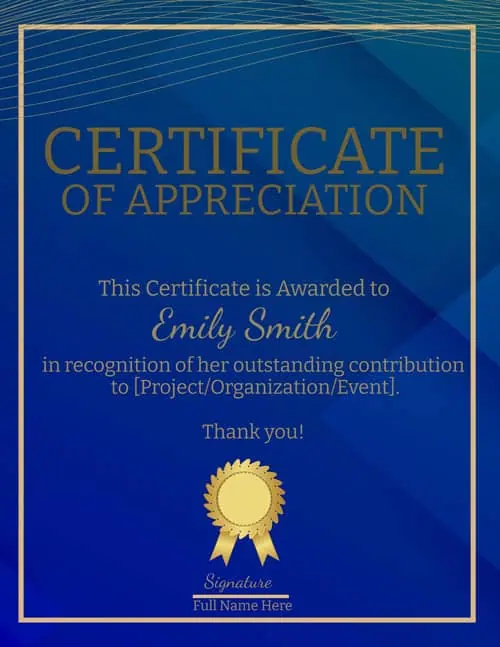 Appreciation certificate with a blue background with gold lines and a gold award ribbon