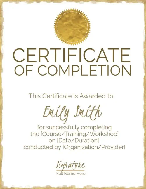Gold award certificate for completion
