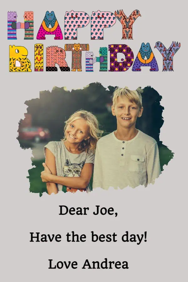 Photo birthday card with the photo in a splashed paint shape