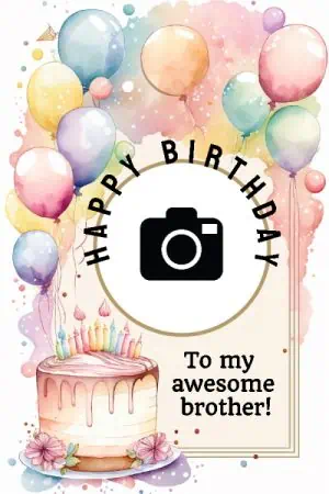 Watercolor frame with balloons, a birthday cake and place for a photo
