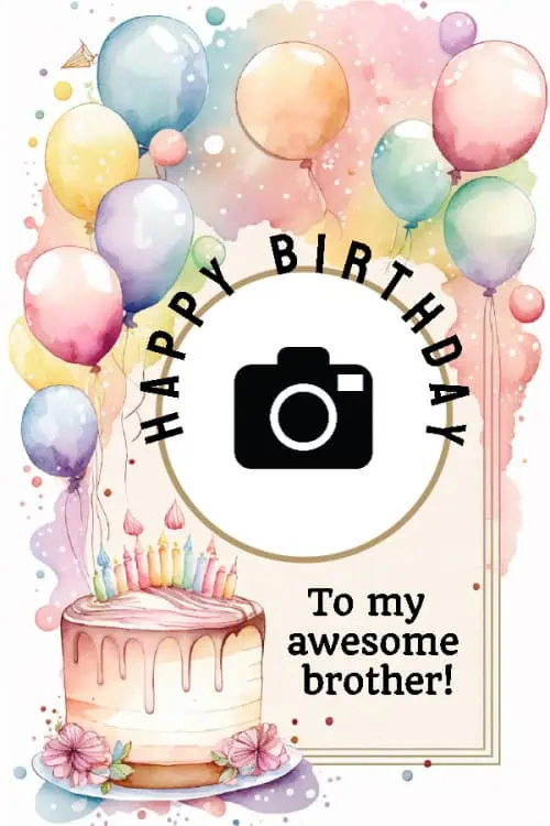 Watercolor frame with balloons, a birthday cake and place for a photo