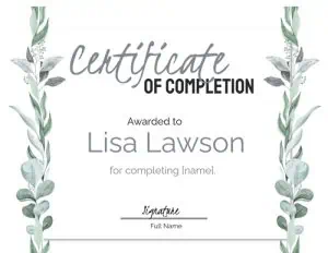 Completion certificate with watercolor leaves