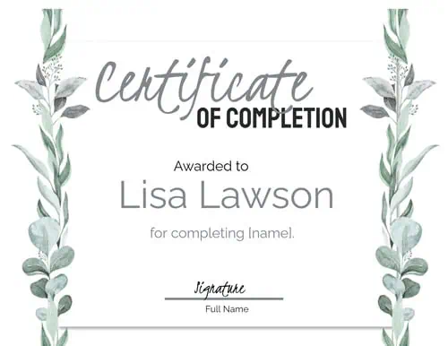 Completion certificate with watercolor leaves