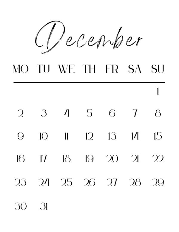 Blank Calendar Portrait Monday Start December 2024 Personalized