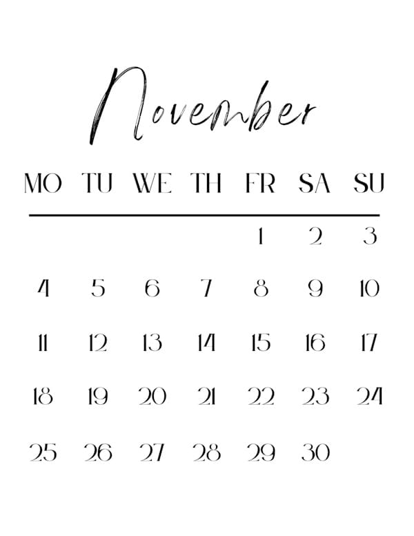 Blank Calendar - Portrait - Monday Start - November 2024 - Personalized ...